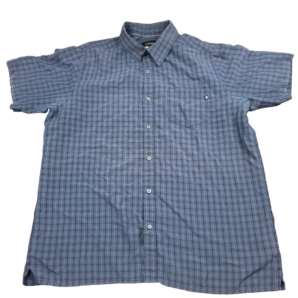 Marmot Mens XL Camp Shirt Blue Plaid Syrocco Pocket Short Sleeve Hiking Wicking